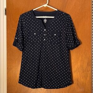 croft & barrow Navy and White Polka Dot Short-Sleeve Blouse